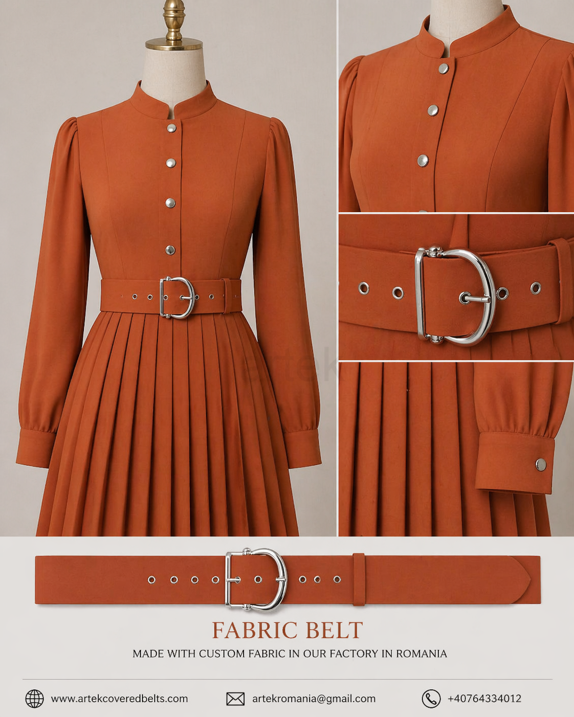 Custom Made Self Fabric Covered Belts +METALIC GOLD Buckle and Eyelets 5 cm whide interior